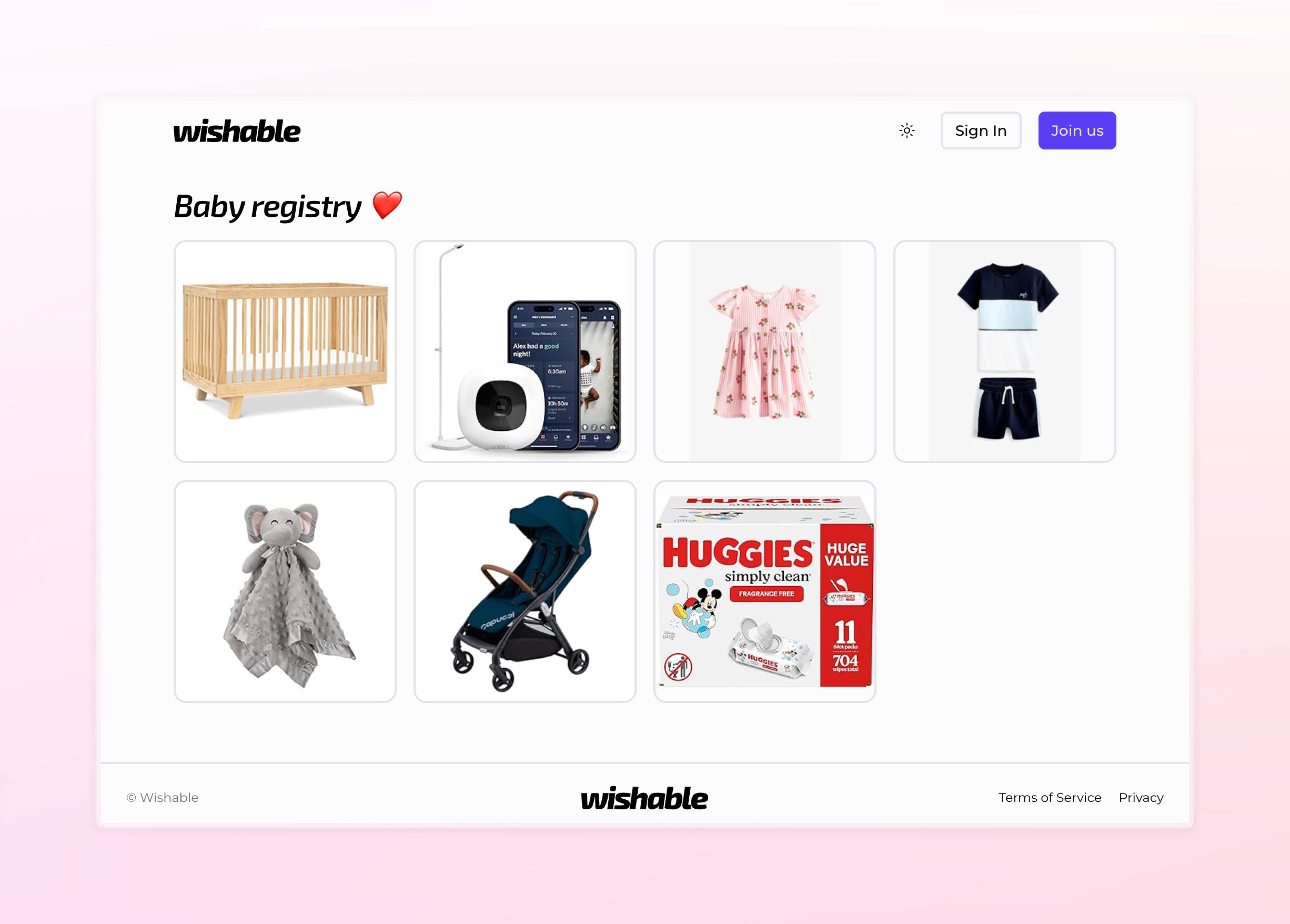 Baby registry preview, where you can see a list of items with images and links to the shops