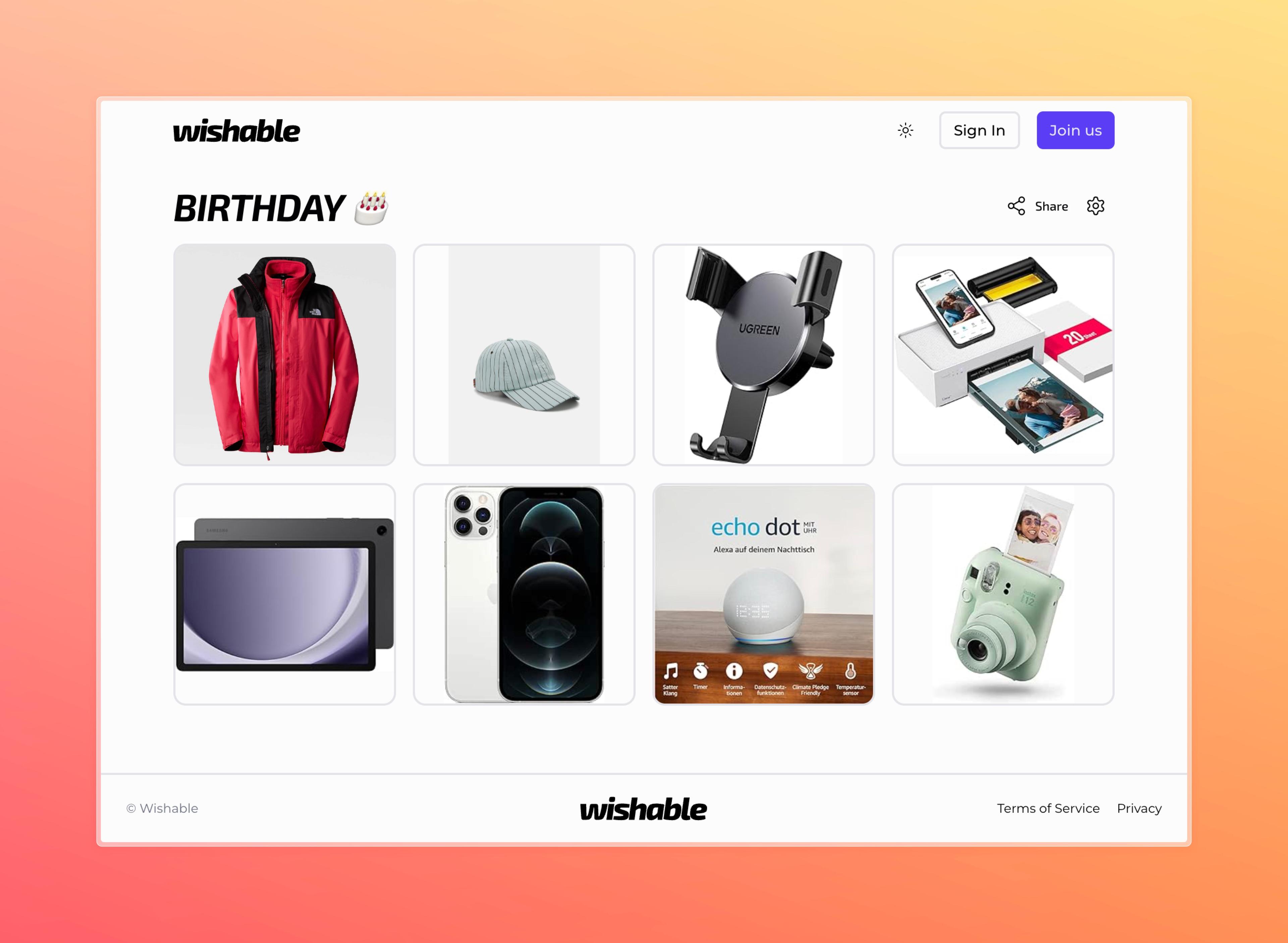 Birthday wishlist preview, where you can see a list of items with images and links to the shops